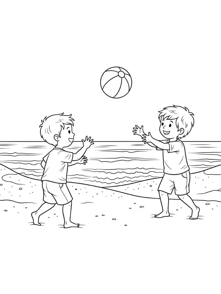 Kleurplaat van Strand 26 jongens spelen met strandbal aan zee kleurplaat