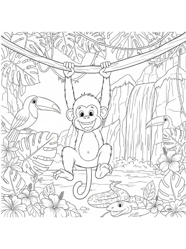 Kleurplaat Aap 22 jungle aap hangt aan liaan kleurplaat