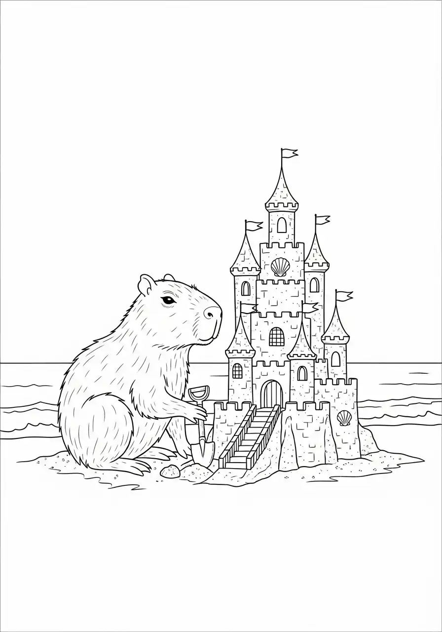 Kleurplaat Capybara 10 kapibara bouwt zandkasteel strand kleurplaat