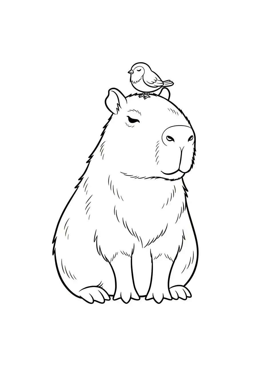 Kleurplaat Capybara 9 kapibara met vogeltje op hoofd kleurplaat
