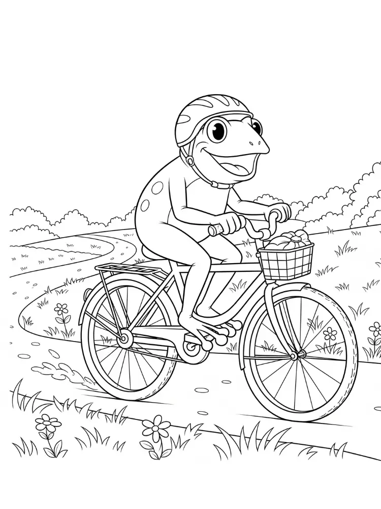 Kleurplaat Kikker 29 kikker op fiets met mandje kleurplaat