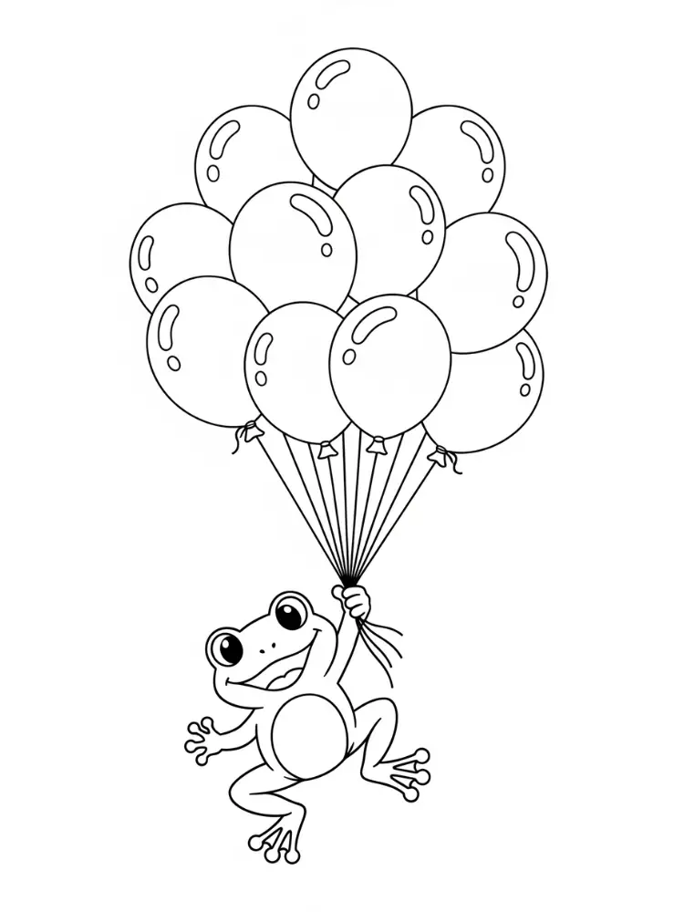 Kleurplaat Kikker 22 kikker vliegt met ballonnen kleurplaat