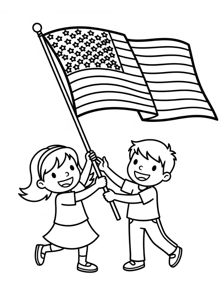 4th of July kleurplaat 20 kinderen met vlag kleurplaat