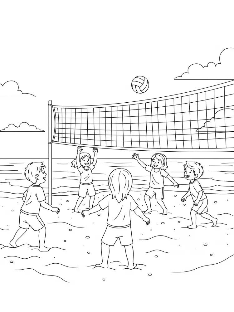 Kleurplaat van Strand 24 kinderen spelen strandvolleybal samen kleurplaat