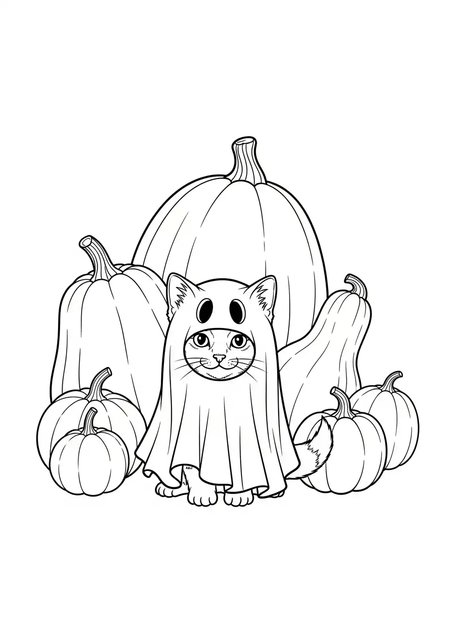 Kitten kleurplaat 10 kitten spook tussen pompoenen kleurplaat