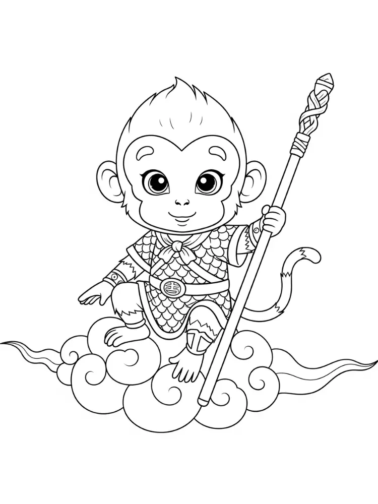 Kleurplaat Aap 21 kleine monniken krijger op wolk kleurplaat