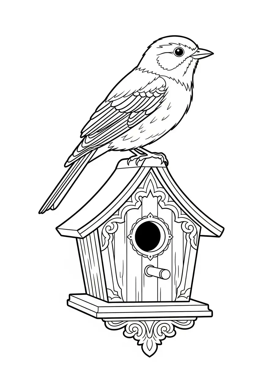 kleine vogel op sierlijk vogelhuisje kleurplaat