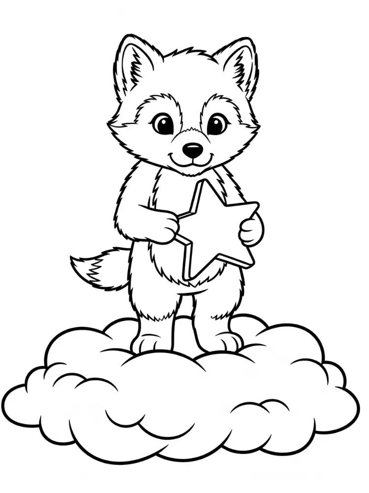 Wolf kleurplaat 11 kleine wolf op wolk met ster kleurplaat