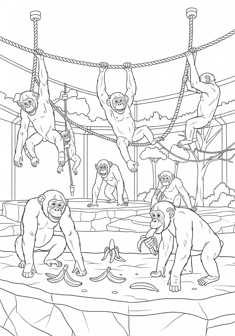 klimmende chimpansees en bananen kleurplaat