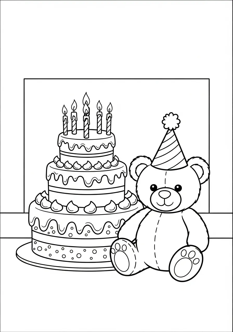 knuffelbeer met verjaardagstaart kleurplaat
