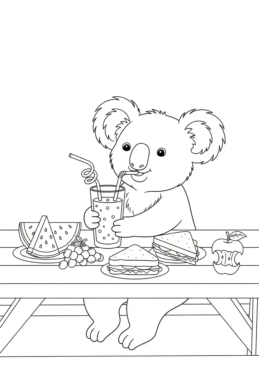 Kleurplaat koala 8 koala eet picknick en drinkt sap kleurplaat