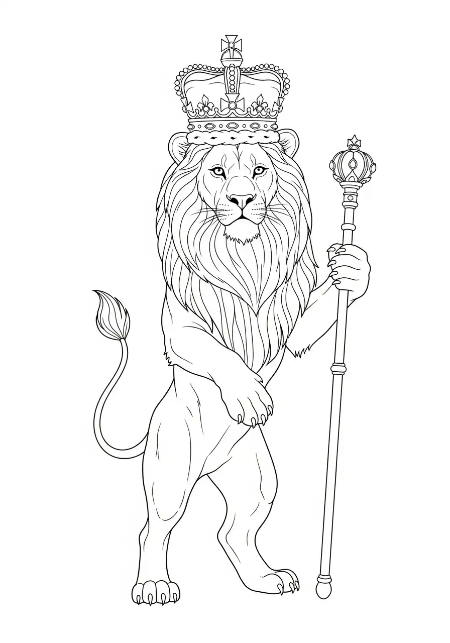 Kleurplaat leeuw 9 koninklijke leeuw met kroon en scepter kleurplaat
