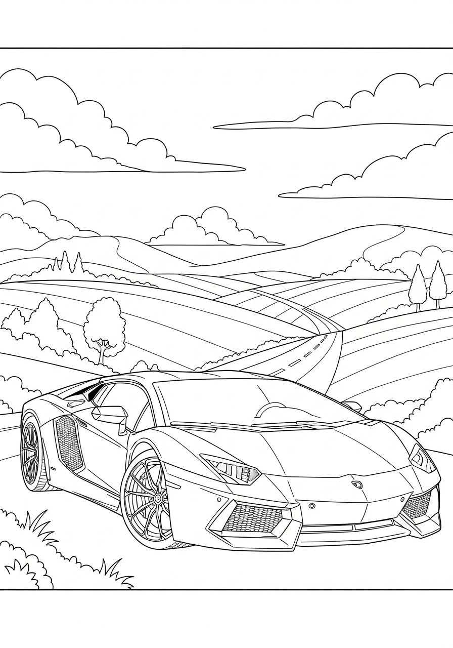 Lamborghini kleurplaat 9 lamborghini in het landschap kleurplaat