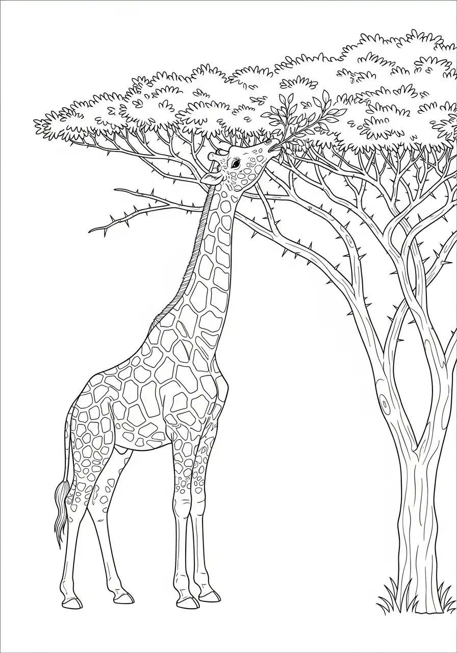 lange giraf eet van acaciaboom kleurplaat
