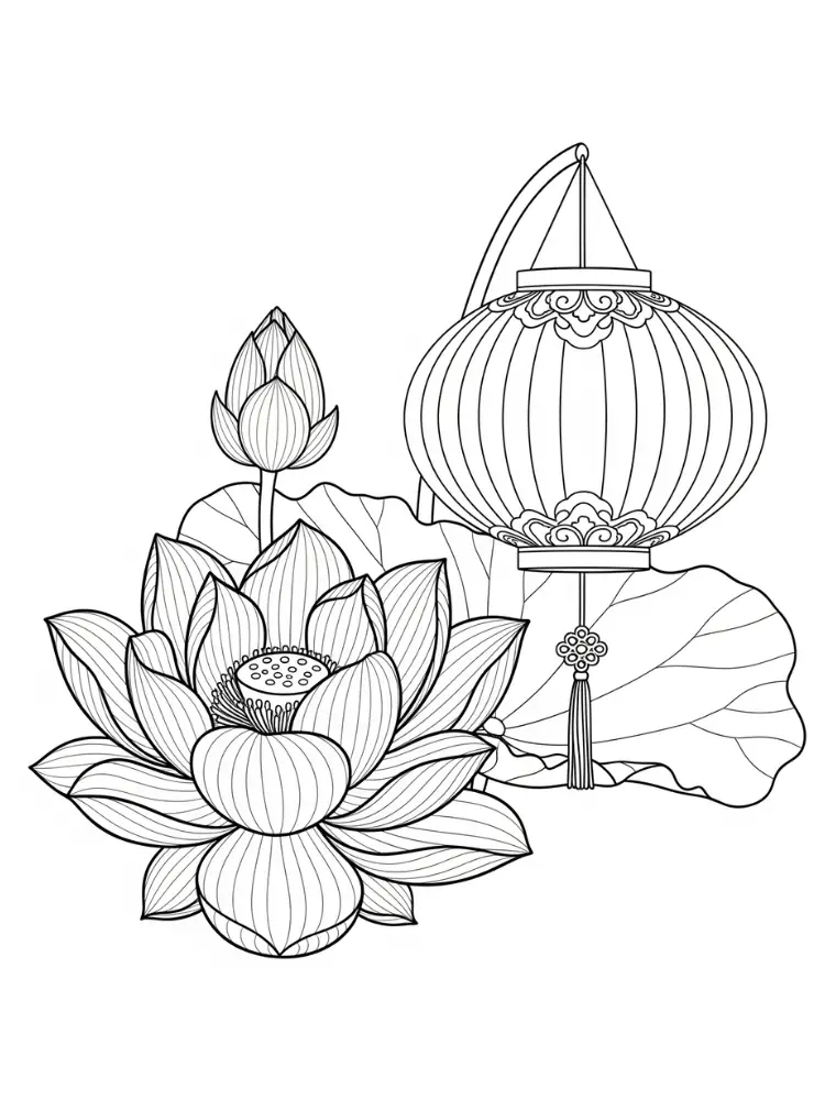 Lotus Kleurplaat 12 lantaarn en lotusdecoratie kleurplaat