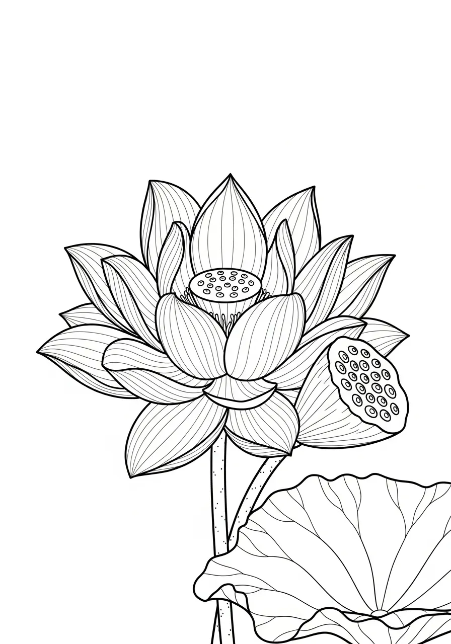 Lotus Kleurplaat 8 lotus in bloei met zaaddoos Kleurplaat