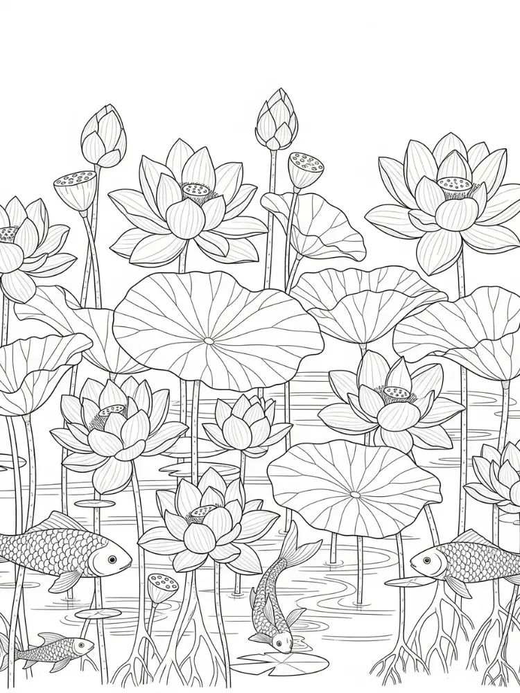 Lotus Kleurplaat 19 lotusvijver met koi vissen kleurplaat