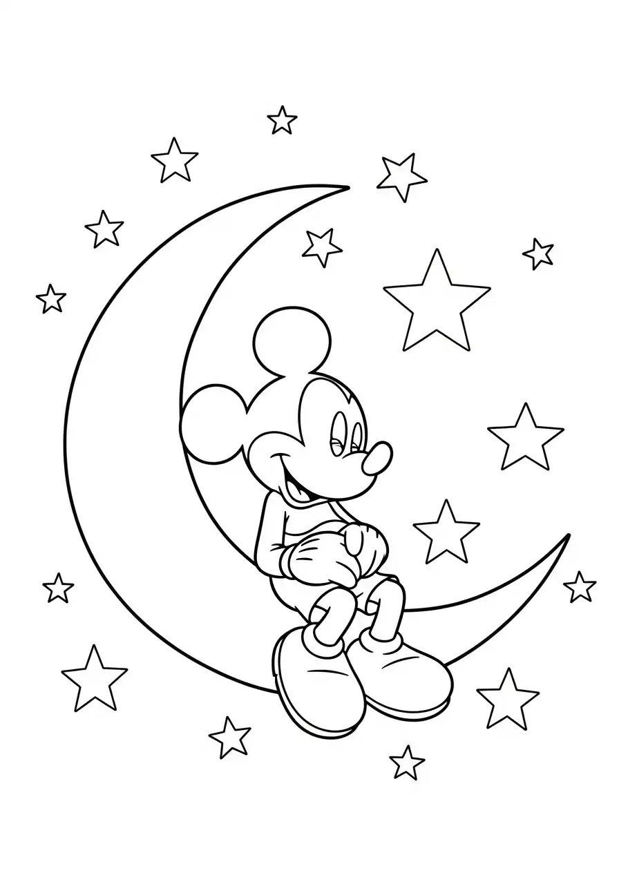 mickey mouse op maan sterren kleurplaat