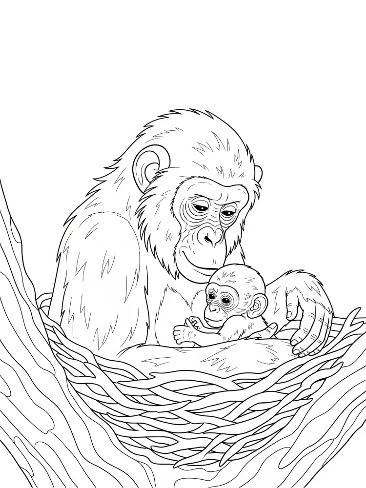 Kleurplaat Aap 20 moeder en baby aap in nest kleurplaat