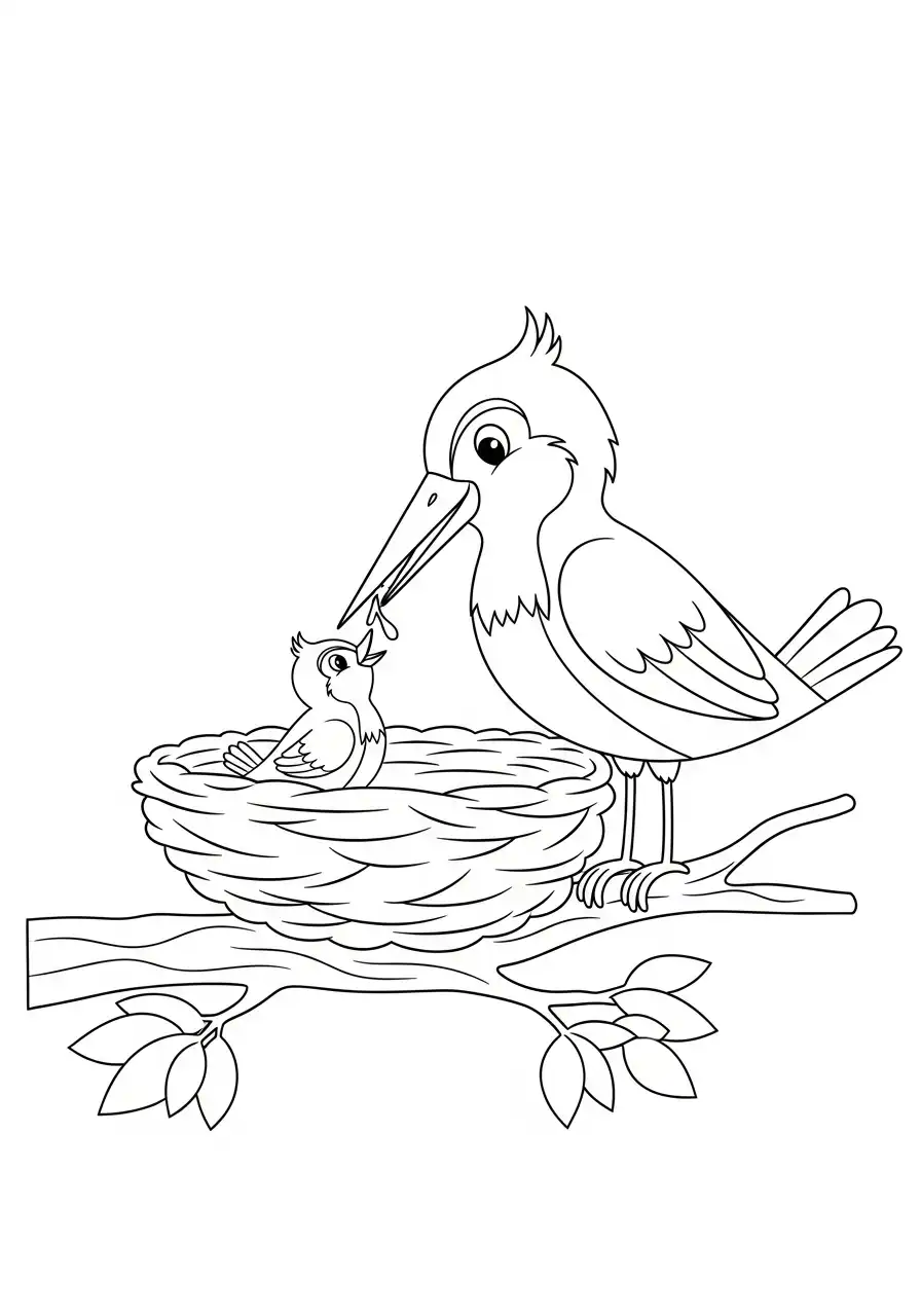 moeder vogel voert kuiken in nest kleurplaat