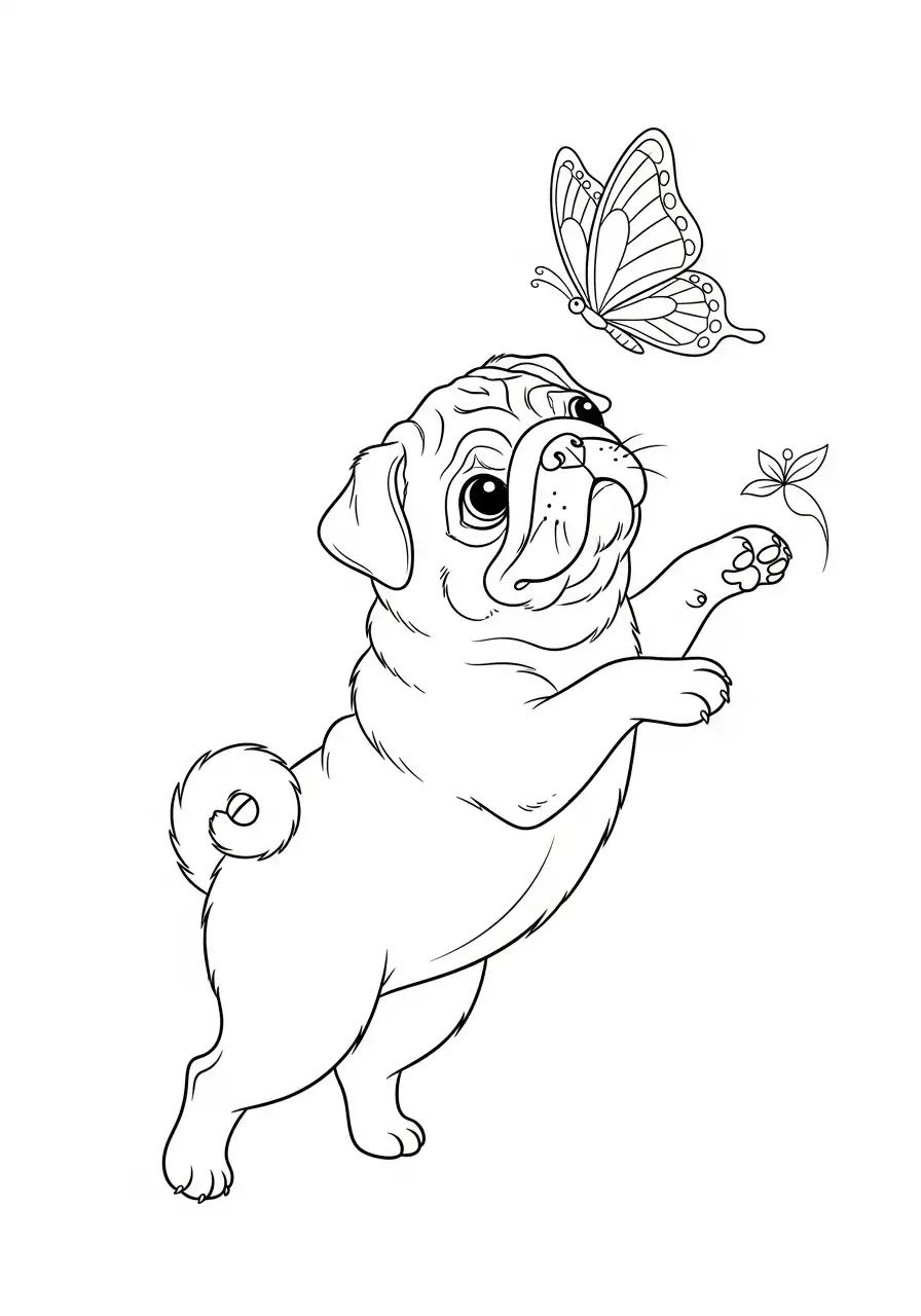 mopshond vangt vlinder springend kleurplaat