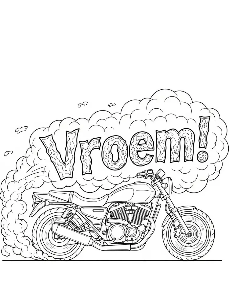 Kleurplaat Motor 20 motorfiets met vroem rookwolk kleurplaat