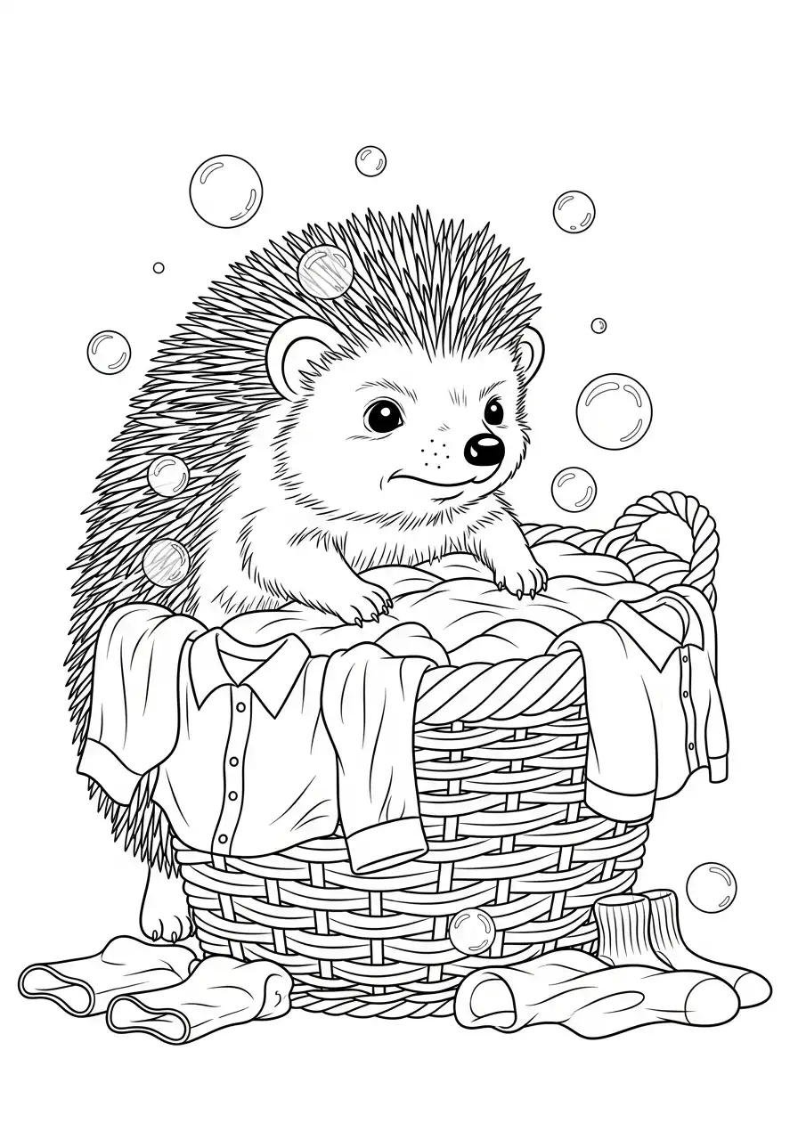 ondeugende egel met waskorf en bellen kleurplaat