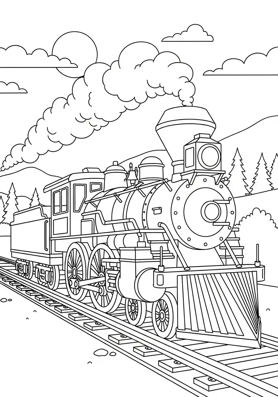 Kleurplaat trein 9 oude stoomtrein in de natuur kleurplaat