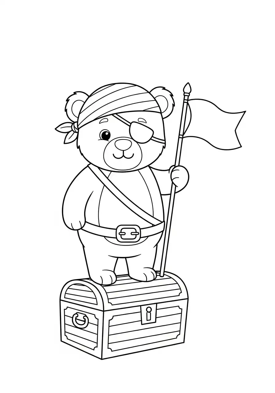 Kleurplaat Beer 9 piraat beer op schatkist vlag kleurplaat