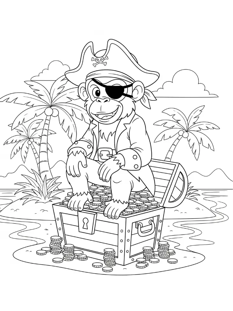 Kleurplaat Aap 18 piratenaap op schatkist kleurplaat