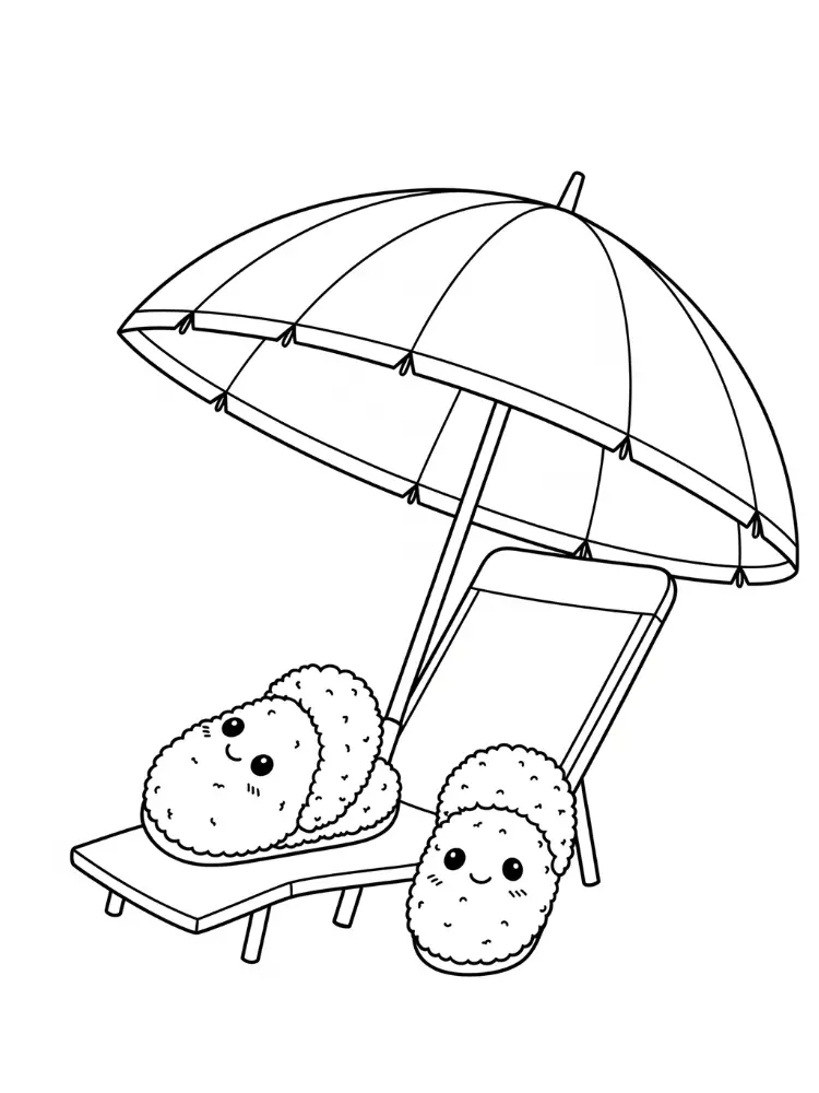Kleurplaat Slippers 13 pluizige sloffen onder parasol kleurplaat
