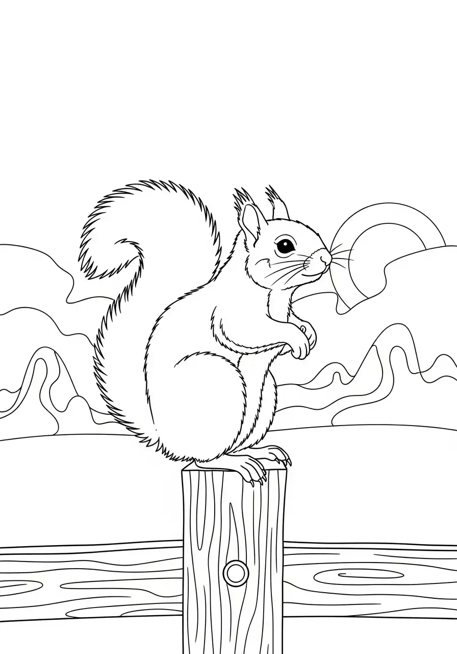Kleurplaat eekhoorn 9 realistische eekhoorn op houten paal kleurplaat