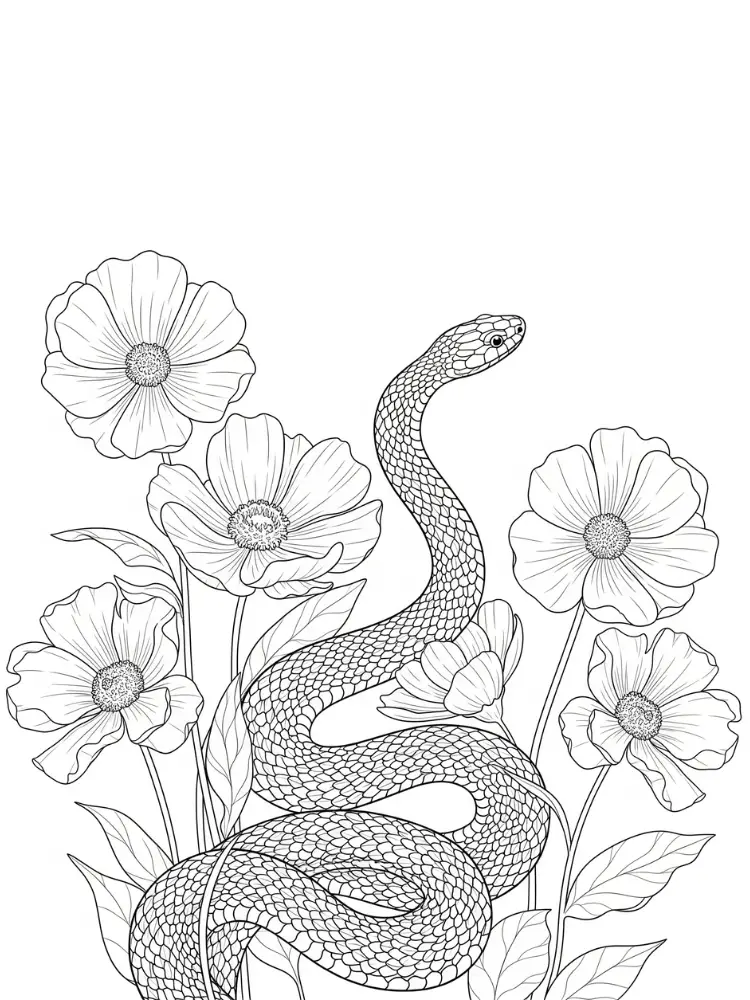 Kleurplaat Slang 11 realistische slang tussen bloemen kleurplaat