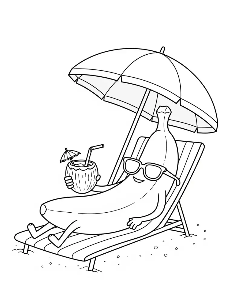 Banaan Kleurplaat 21 relaxte banaan op strandstoel met kokosdrankje kleurplaat