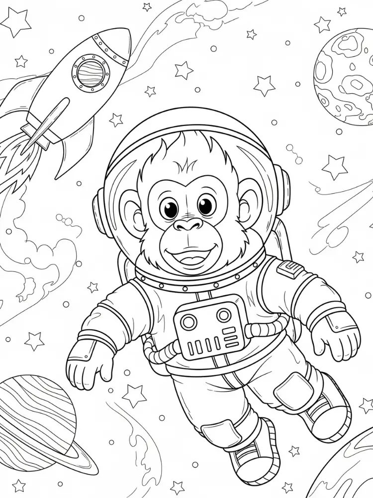 Kleurplaat Aap 17 ruimte aap in astronautenpak kleurplaat