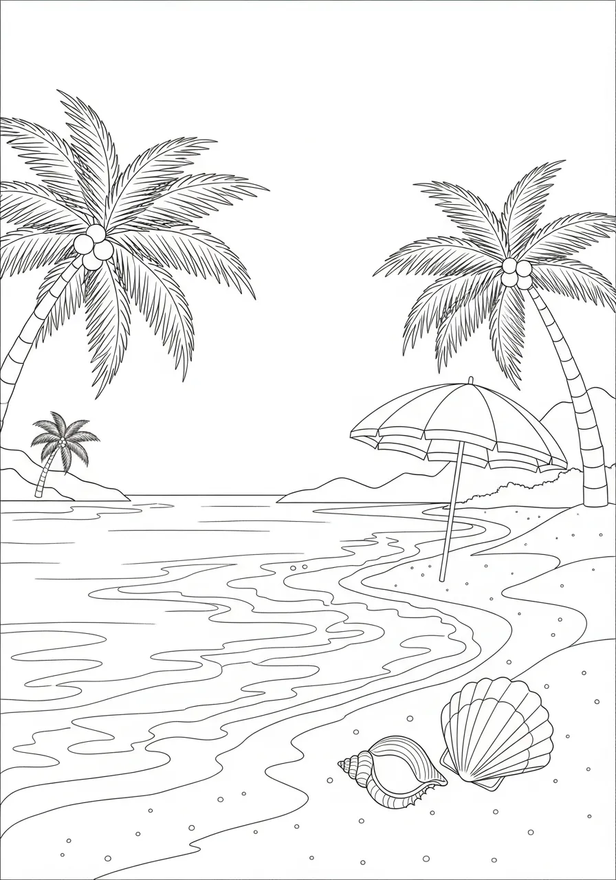 rustig strand met parasol en schelpen om in te kleuren Kleurplaat
