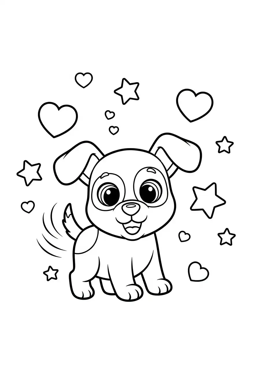 schattige puppy met hartjes en sterren kleurplaat