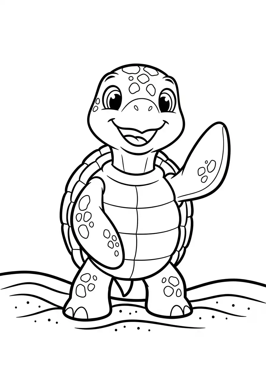 schattige schildpad zwaaiend op het strand kleurplaat