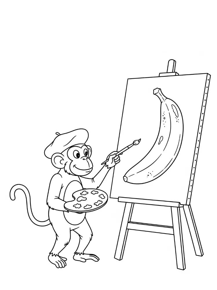 Kleurplaat Aap 16 schilderende aap met banaan kleurplaat