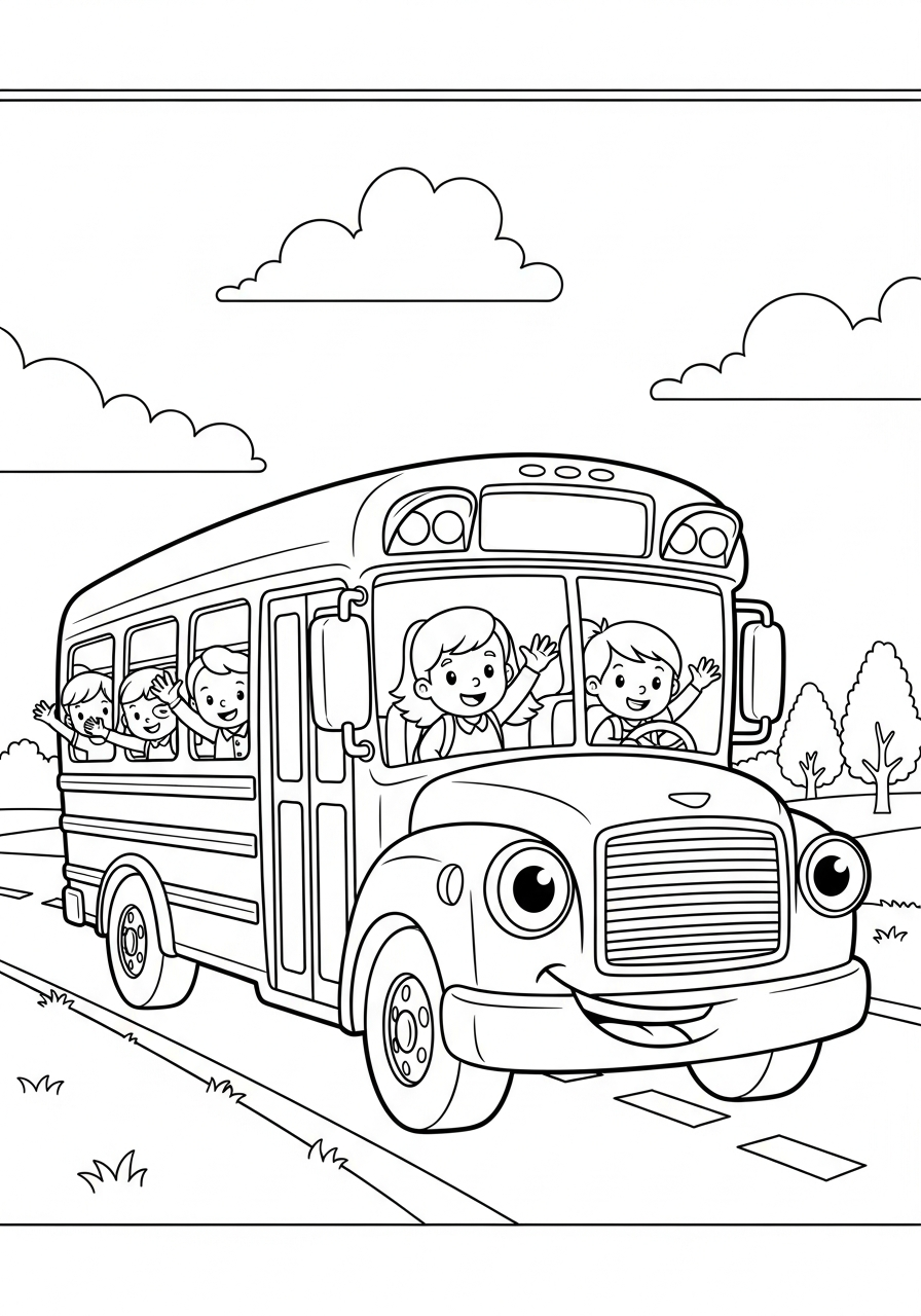 Kleurplaat Bus 9 schoolbus met blije kinderen kleurplaat