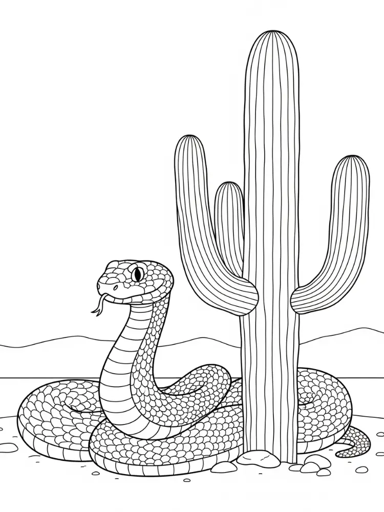 Kleurplaat Slang 13 slang bij een cactus kleurplaat