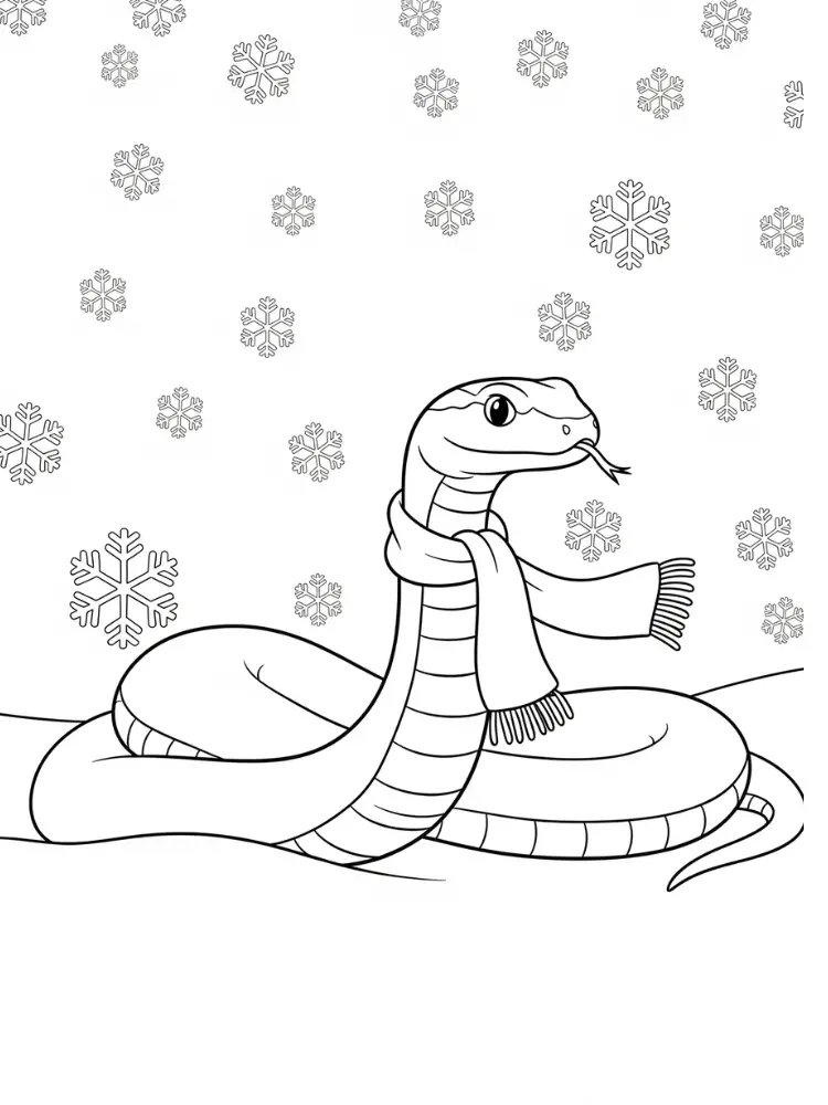 Kleurplaat Slang 22 slang met sjaal in de sneeuw kleurplaat