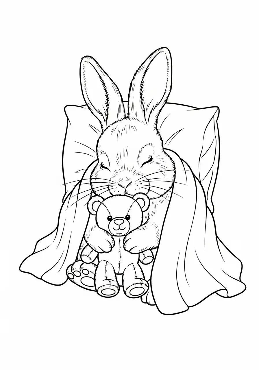 slapend konijn met teddybeer kleurplaat