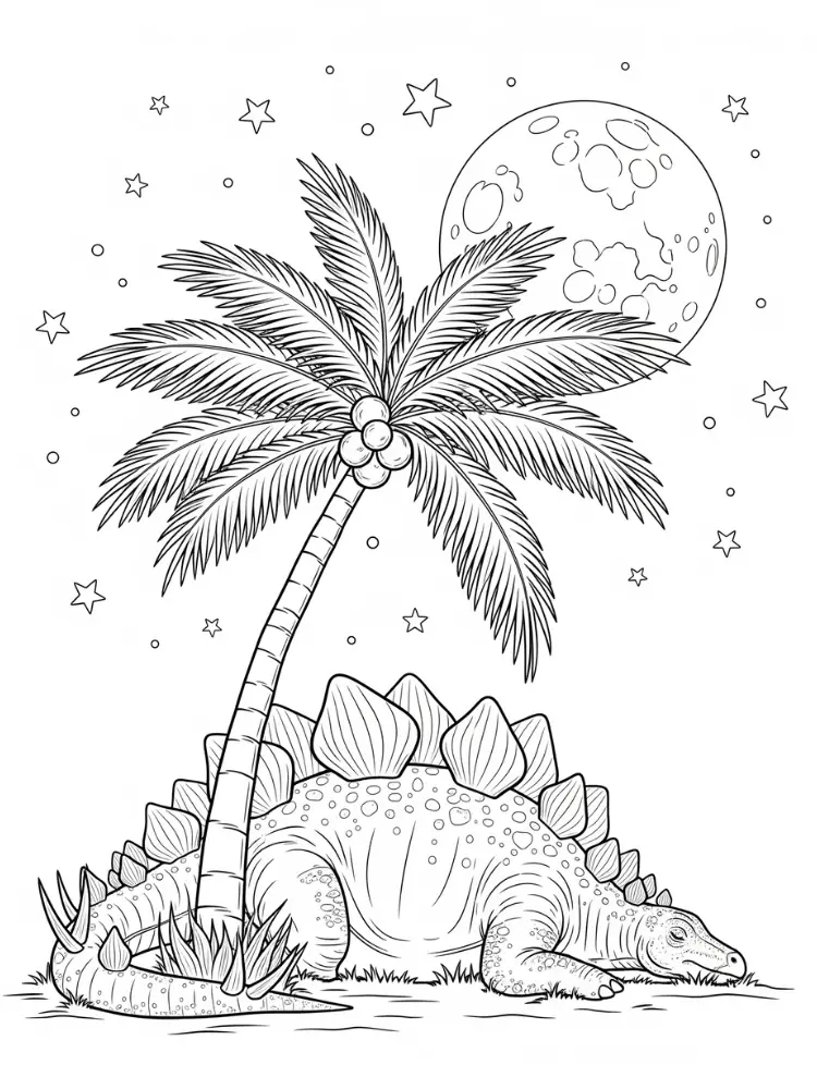Kleurplaat Stegosaurus 26 slapende stegosaurus onder palmboom kleurplaat
