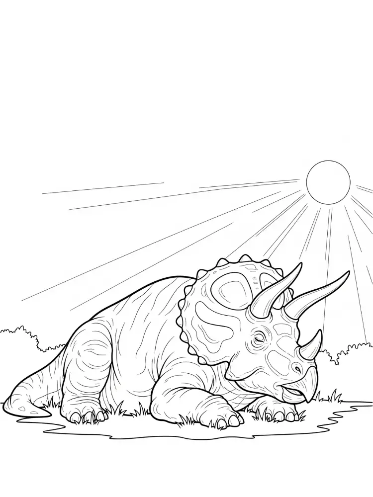 Kleurplaat Triceratops 29 slapende triceratops in zonlicht kleurplaat