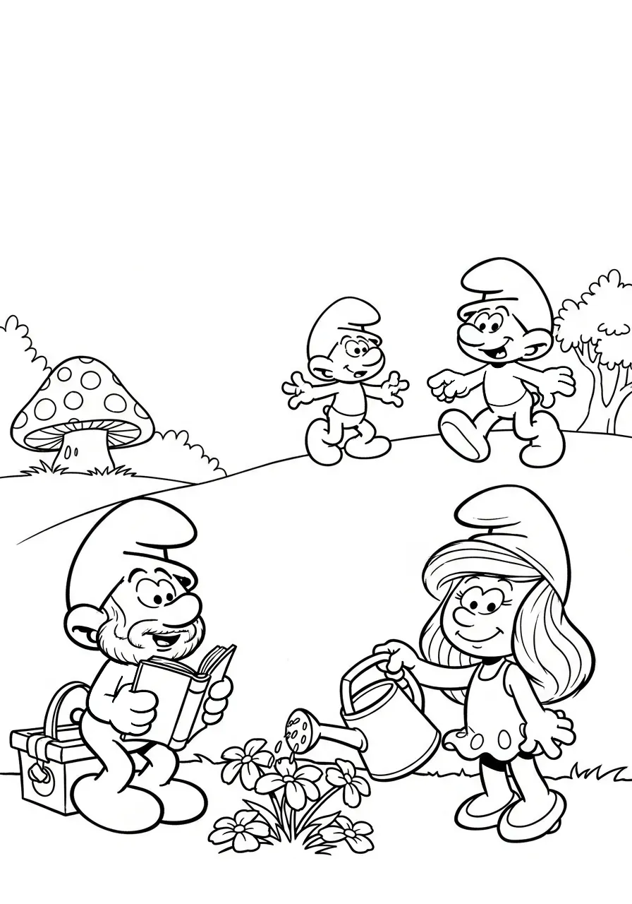 Kleurplaat Smurfen 10 smurfen genieten van de tuin Kleurplaat