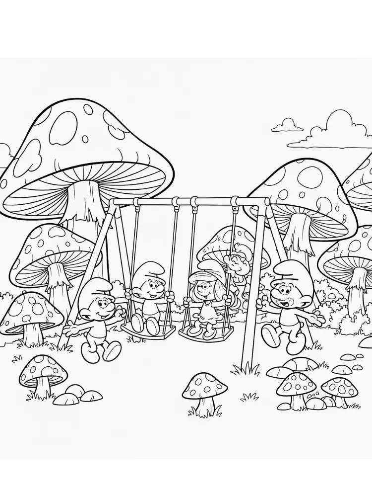Kleurplaat Smurfen 23 smurfen op schommel in het bos kleurplaat