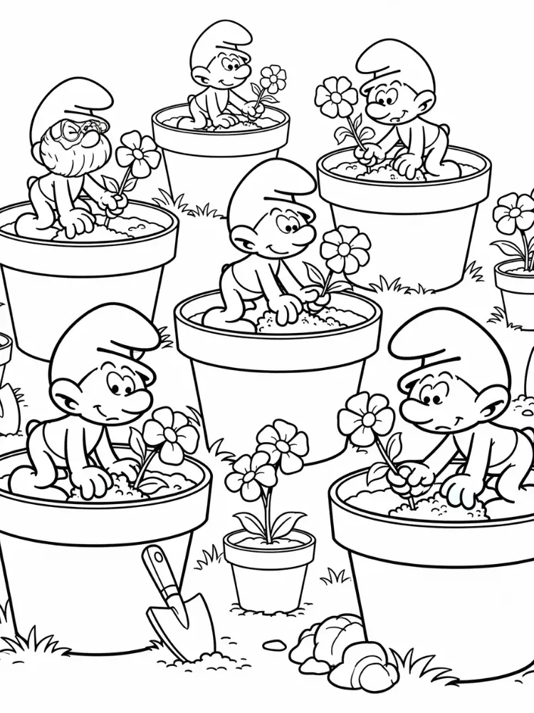 Kleurplaat Smurfen 22 smurfen planten bloemen in potten kleurplaat