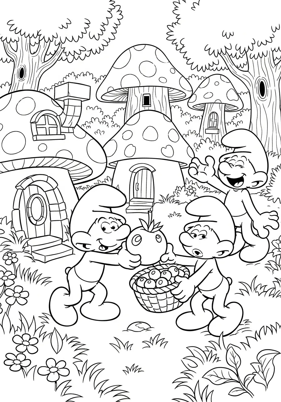 Kleurplaat Smurfen 9 smurfen spelen in het paddenstoeldorp Kleurplaat