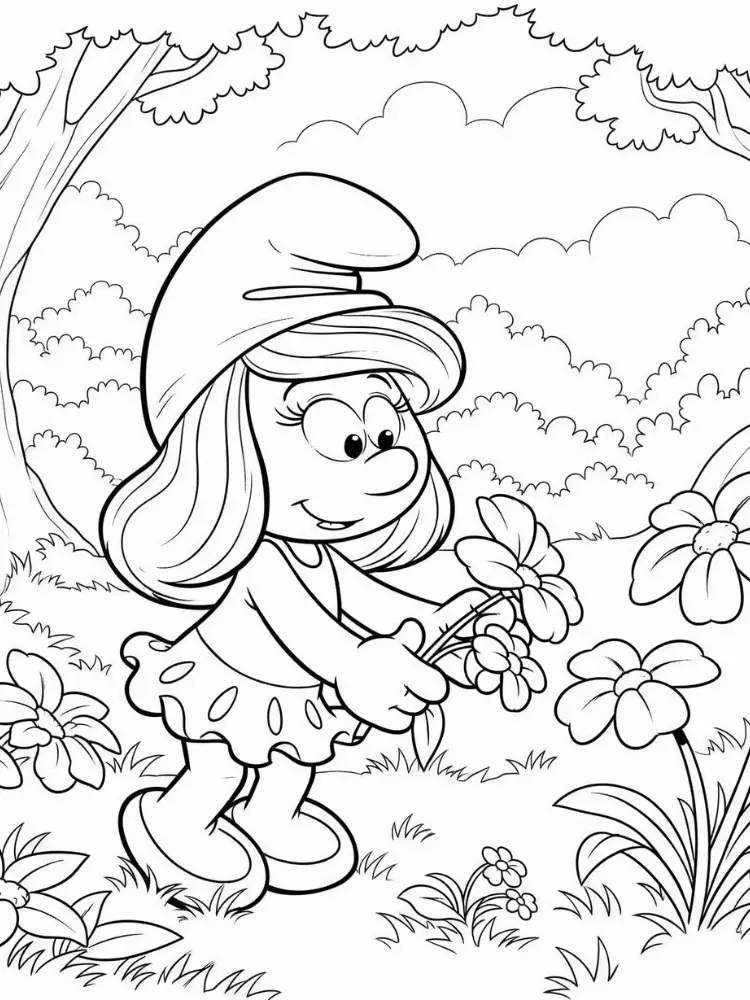Kleurplaat Smurfen 18 smurfin plukt bloemen in tuin kleurplaat